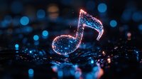 Glowing musical note with sparkles floating in dark space surrounded by blue bokeh lights, creating magical atmosphere for music and entertainment concepts.