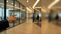 Person with dark skin tone wearing business attire pointing at glass door or window in modern office lobby with warm lighting and blurred background figures.