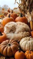 Fluffy orange cat sleeping peacefully among autumn pumpkins and corn stalks in cozy fall harvest display for seasonal home decor and holiday celebrations.