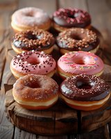Assorted glazed donuts with chocolate, pink frosting and sprinkles arranged on rustic wooden board. Fresh baked pastries with variety of toppings in warm lighting.