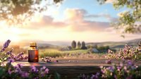 Aromatherapy essential oil bottle on wooden surface with lavender flowers against sunset landscape background, creating peaceful wellness atmosphere.