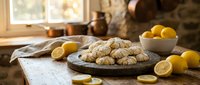 Freshly baked lemon crinkle cookies piled on a rustic wooden plate, surrounded by fresh lemons on a farmhouse kitchen table.