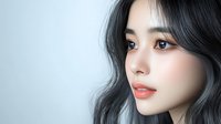 Young Asian woman with long wavy gray hair and natural makeup looking away thoughtfully against light background, soft beauty portrait showcasing trendy hair color and styling.