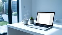Modern minimalist home office workspace with open laptop displaying blank white screen on clean white desk near large window with natural light and small plant.