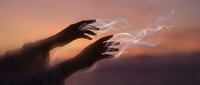 Two silhouetted hands releasing glowing energy waves against a dramatic sunset sky, symbolizing power, magic, and spiritual transformation for wellness and healing concepts.