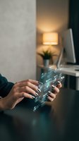 Hands holding smartphone with holographic digital icons floating above screen in modern office environment for mobile technology and innovation concepts.