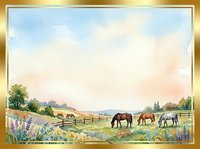 Horses grazing in pastoral countryside landscape with wildflower meadow, wooden fencing, and rolling hills under soft sky. Suitable for equestrian, farm, and nature-themed designs.