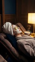 Young woman relaxing with facial mask and cucumber slices on eyes in cozy spa setting with warm lighting for skincare and wellness routine.