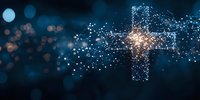 Glowing cross formed by luminous particles against dark blue bokeh background, spiritual light effect creating religious symbol for faith and worship.
