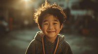 Young Asian boy with messy hair smiling warmly in golden sunlight wearing cozy hoodie sweater. Childhood happiness and joy concept for family lifestyle content.