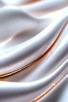 Luxurious white silk fabric with golden glitter waves creates elegant abstract background for wedding, fashion, or luxury product advertising designs.