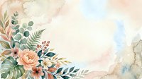 Watercolor floral arrangement with peach roses, ferns, and eucalyptus leaves on soft beige background. Suitable for wedding invitations, greeting cards, and decorative designs.