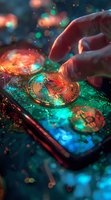 Glowing cryptocurrency coins on smartphone screen with finger touching in neon lights and bokeh effects, dramatic lighting in orange and turquoise colors.