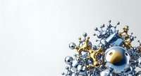 Metallic spheres in gold and silver with blue crystal clusters and glossy orbs arranged on white background, suitable for abstract business, technology, and corporate design projects.