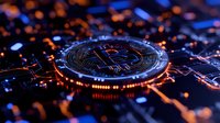 Glowing cryptocurrency coin on circuit board with orange and blue light effects, digital money concept showing modern financial technology and blockchain.