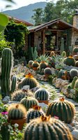 Rustic stone house surrounded by diverse cactus garden featuring barrel and saguaro specimens, decorative rocks, and mountain backdrop in warm evening light.