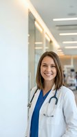 Young female doctor smiling in modern hospital corridor wearing white coat and stethoscope with blue scrubs for healthcare and medical profession.