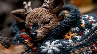 Sleeping fox wrapped in cozy knitted winter scarf with Nordic pattern. Close-up portrait showing peaceful expression and soft fur texture against dark background.