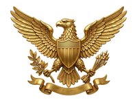 Golden eagle with spread wings holding shield, olive branch and arrows, isolated on white background for governmental, patriotic, and official seal design applications.