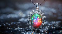 Vibrant opal pendant necklace surrounded by sparkling diamonds on dark background with water droplets, showcasing iridescent rainbow colors and luxury jewelry craftsmanship.