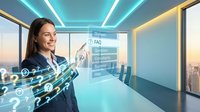 Professional businesswoman interacting with futuristic holographic interface displaying FAQ and digital icons in modern office environment.