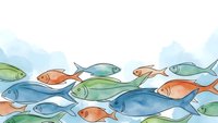 Colorful school of fish swimming together in watercolor style with soft blue ocean background for marine life and aquatic themed designs.