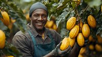 African male farmer smiling while holding fresh ripe cacao pods on tree branch at plantation, sustainable agriculture and organic chocolate production process.