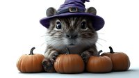 Adorable hamster wearing purple witch hat poses with orange pumpkins against white background, creating whimsical Halloween scene. Isolated design element.