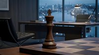 Wooden chess queen piece on chessboard in modern office with city skyline view through windows, representing strategy, leadership, and business planning.