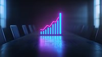 Glowing neon growth chart hologram in modern conference room with dramatic lighting and reflection on glossy table surface, business success concept.
