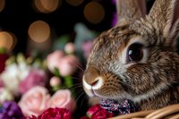 Close-up portrait of brown rabbit with flowers in background, soft bokeh lights create magical spring atmosphere, bunny wearing decorative bow tie collar.