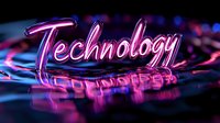 Glowing pink neon technology text on reflective surface with blue lighting effects, modern cyberpunk style lettering against dark background creates futuristic mood.