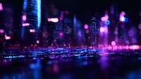 Futuristic night cityscape with glowing purple and blue lights reflecting on wet surface, creating magical bokeh effect and illuminated skyscrapers silhouettes.
