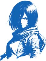 Stylized blue monochrome illustration of Asian female character with short hair and scarf, side profile view against white background, isolated design element.