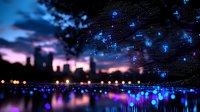 Dreamy cityscape silhouette at dusk with glowing blue lights and reflections on water surface creating magical atmosphere. Urban nightscape with bokeh effect.