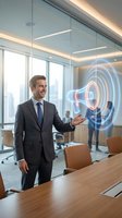 Professional businessman presenting digital marketing concept with holographic megaphone in modern conference room for corporate communication strategies.