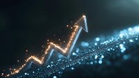 Glowing upward arrow chart with sparkling particles and bokeh effects on dark background shows business growth and success concept in modern style.