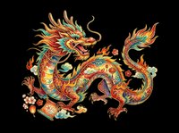 Ornate golden dragon with vibrant orange, green, and red decorative patterns, isolated on transparent background. Ready for t-shirts, clipart, stickers, sublimation, and print-on-demand designs.