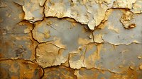 Weathered metal surface with peeling paint layers revealing rust patterns and cracks. Textural detail of deteriorating industrial material showing age and decay.