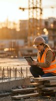 Female construction worker using tablet at building site during golden hour sunset for project management and digital planning.