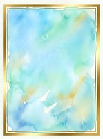 Soft watercolor wash in blue, green, and gold tones with white negative space, framed by gold border. Suitable for backgrounds, invitations, and design projects.