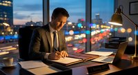 Professional businessman working late at modern office desk with city lights and traffic bokeh background during evening hours.