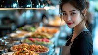 Young Asian female chef smiling in professional kitchen with colorful prepared dishes on display counter for restaurant service.