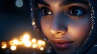 Young woman with glowing bokeh lights in dark background, dramatic close up portrait with soft illumination and sparkles creating magical atmosphere.
