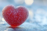 Red sugar-coated heart candy on frosty surface with soft bokeh background creates romantic winter mood for Valentine's Day cards and holiday designs.