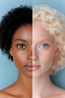 Split portrait showing contrasting skin tones and features against blue background, representing diversity and unity in modern society.