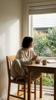 Young Asian woman in beige linen pajamas sitting at wooden table by window with coffee cup, enjoying peaceful morning routine in minimalist home interior.