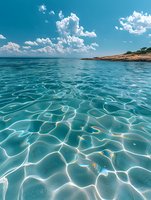 Crystal clear turquoise water with sunlight patterns rippling across sandy bottom, rocky coastline and fluffy white clouds in bright blue summer sky over horizon.