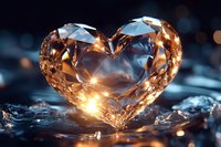 Crystal heart shape with warm golden light glowing from within, set against dark background with bokeh effects and reflective surface, romantic mood.