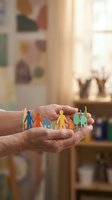 Hands holding colorful paper cutouts of family, house and trees representing community support, home protection and environmental care in warm interior.